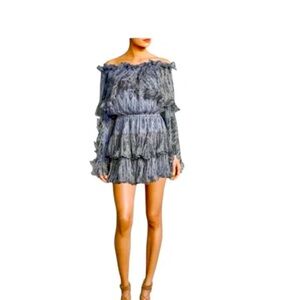 CAROLINE CONSTAS BLUE GRAY DAHLIA SILK CHIFFON MINI DRESS